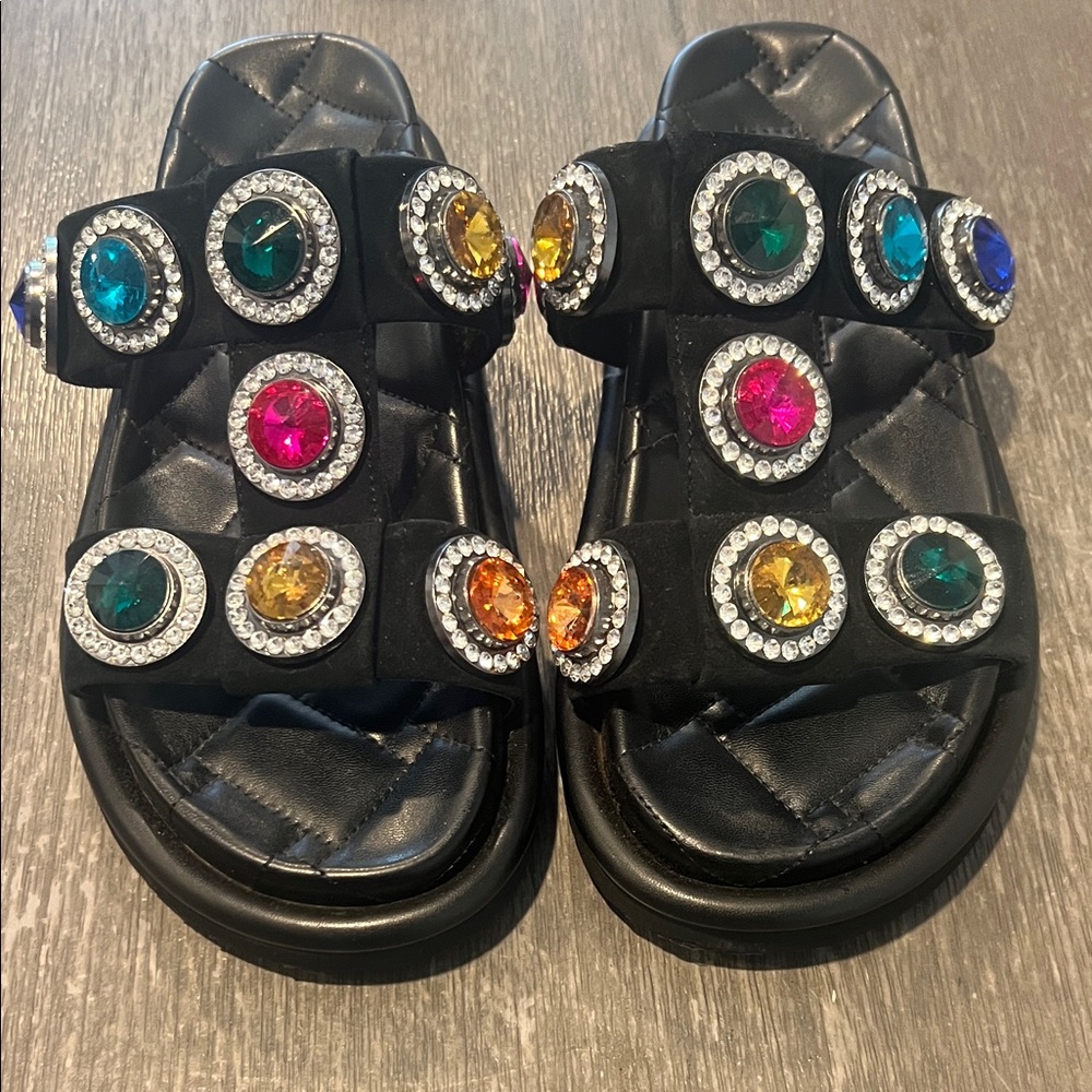 Kurt Geiger Black Jeweled Multi-Color Slide Sandals